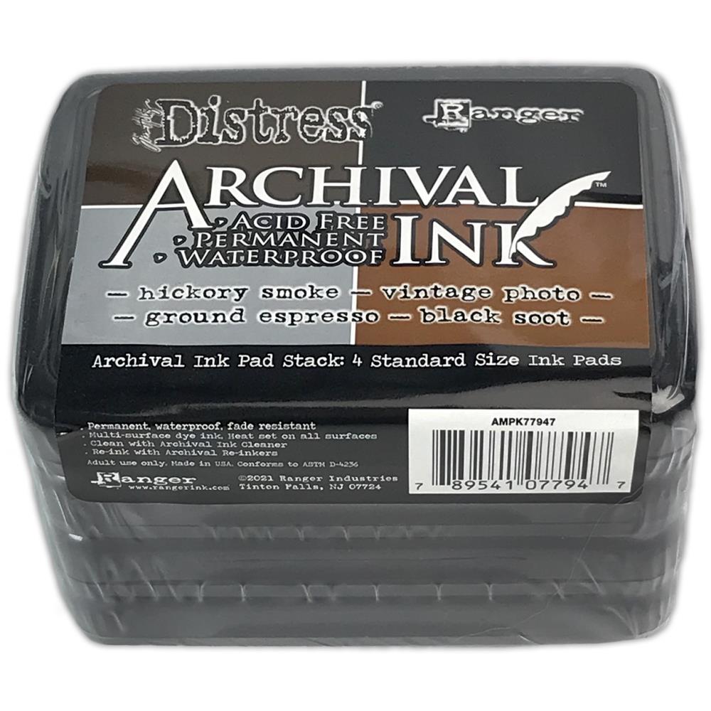 Ranger - Tim Holtz - Distress Archival Ink Pad Stack - Basics. Archival Inks are waterproof, acid-free dye inks featuring classic Distress colors in the same fade resistant formula used in Ranger Archival Ink. Archival Ink Pad Stack features four 2 x 3 inch standard ink pads including Vintage Photo, Ground Espresso, Hickory Smoke, and Black Soot. Available at Embellish Away located in Bowmanville Ontario Canada.
