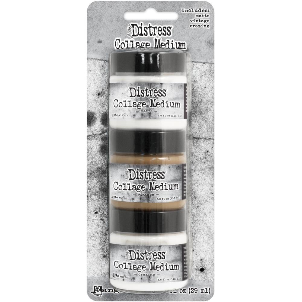 Tim Holtz - Distress Collage Mini Mediums - 1oz - 3/Pkg - Vintage, Matte & Crazing. Ranger-Tim Holtz Distress Collage Mini Mediums: Vintage, Matte and Crazing. These mediums are ideal for gluing, layering and sealing mixed-media projects! This package contains one 1oz jar of matte medium, one 1oz jar of vintage medium and one 1oz jar of crazing medium. Non-toxic. Acid free. Made in USA. Available at Embellish Away located in Bowmanville Ontario Canada.