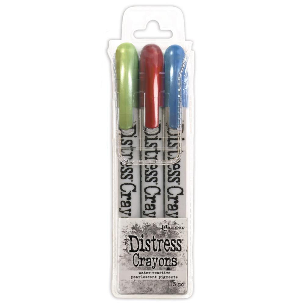 Tim Holtz - Distress Crayon Pearl Set - Holiday Set# 3. Add colorful, pearlescent shimmer to paper crafts/mixed media projects with Limited Edition Tim Holtz Distress Pearlescent Crayon Sets for the Holidays! Fresh Balsam, Tart Cranberry, Winter Frost. Available at Embellish Away located in Bowmanville Ontario Canada.