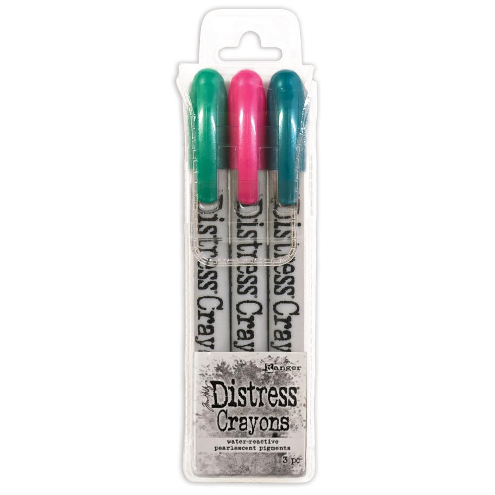 Tim Holtz - Distress Crayon Pearl Set - Holiday Set# 4. Add colorful, pearlescent shimmer to paper crafts/mixed media projects with Limited Edition Tim Holtz Distress Pearlescent Crayon Sets for the Holidays! Merry Mint, Cocktail Party, Shiny Bauble. Available at Embellish Away located in Bowmanville Ontario Canada.