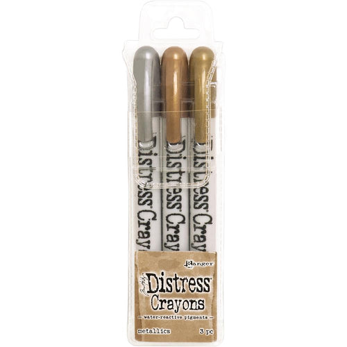 Tim Holtz - Distress Crayon Set - Metallics. Includes: Antique Bronze/Brushed Pewter/Tarnished Brass. Available at Embellish Away in Bowmanville Ontario Canada.