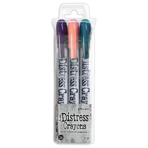 Tim Holtz - Distress Crayon Set - Set #14. Tim Holtz Distress Crayons are formulated to achieve vibrant coloring effects on porous surfaces for mixed-media. The smooth water-reactive pigments are ideal for creating backgrounds, watercoloring and more. Available at Embellish Away located in Bowmanville Ontario Canada.