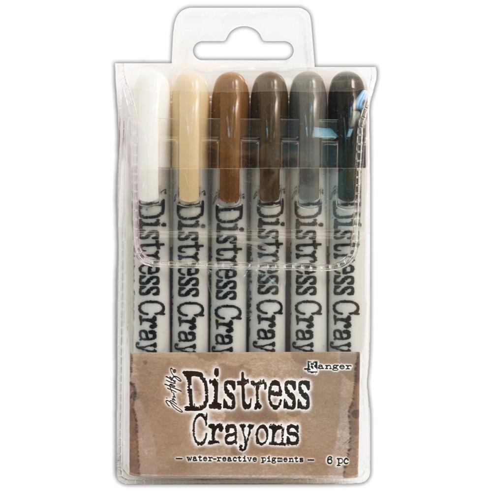 Ranger-Tim Holtz Distress Crayon Set: Set #3. Ranger-Tim Holtz Distress Crayon Set: Set #3. These crayons are formulated to achieve vibrant coloring effects on porous surfaces for mixed media. Ideal for creating brilliant backgrounds, watercoloring, smudge effects and more! This package contains six 5-1/4 inch long water-reactive pigment crayons in assorted colors. Non-toxic. Conforms to ASTM D4236. Imported. Available at Embellish Away located in Bowmanville Ontario Canada.