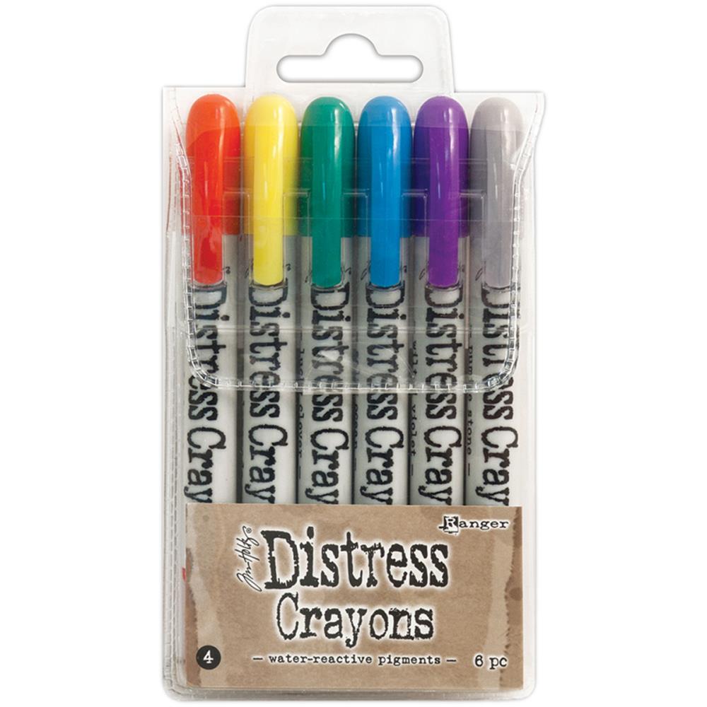 Tim Holtz-Distress Crayon Set: Set #4. Distress Crayons are formulated to achieve vibrant coloring effects on porous surfaces for mixed-media. The smooth water-reactive pigments are ideal for creating brilliant backgrounds, watercoloring, smudge effects and more! This package contains six 5-1/4 inch long crayons in assorted colors. Conforms to ASTM D4236. Non-toxic. Imported. Available at Embellish Away located in Bowmanville Ontario Canada.