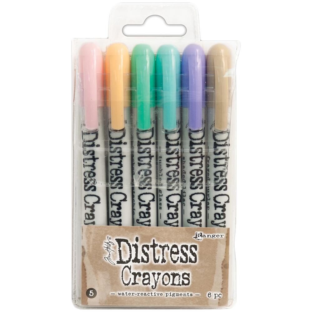 Tim Holtz-Distress Crayon Set: Set #5. Distress Crayons are formulated to achieve vibrant coloring effects on porous surfaces for mixed-media. The smooth water-reactive pigments are ideal for creating brilliant backgrounds, watercoloring, smudge effects and more! This package contains six 5-1/4 inch long crayons in assorted colors. Conforms to ASTM D4236. Non-toxic. Imported. Available at Embellish Away located in Bowmanville Ontario Canada.