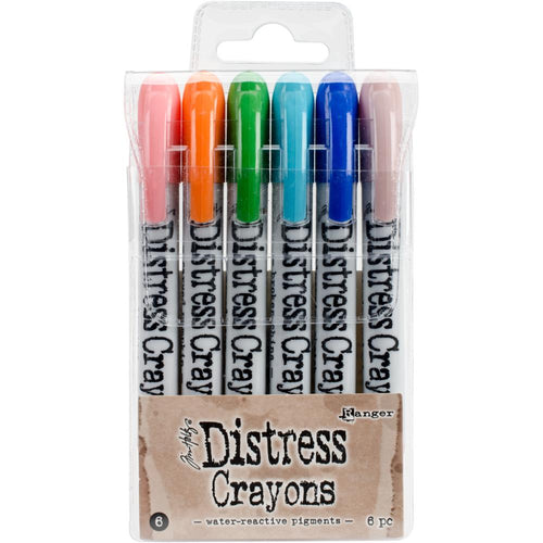 Ranger - Tim Holtz - Distress Crayon Set - Set #6. Distress Crayons are formulated to achieve vibrant coloring effects on porous surfaces for mixed-media. The smooth water-reactive pigments are ideal for creating brilliant backgrounds. Available at Embellish Away located in Bowmanville Ontario Canada.