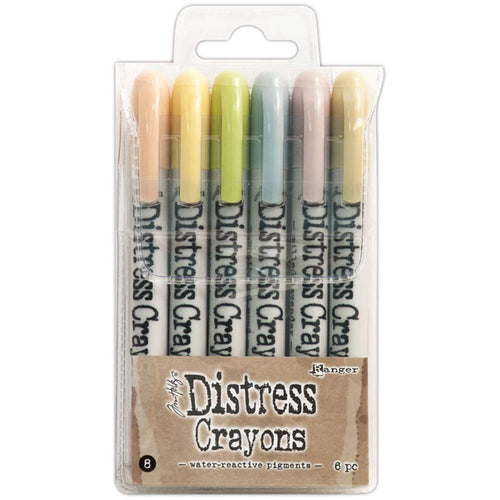 Ranger-Tim Holtz Distress Crayon Set: Set #8. These crayons are formulated to achieve vibrant coloring effects on porous surfaces for mixed media. Ideal for creating brilliant backgrounds, watercoloring, smudge effects and more! This package contains six 5.25 inch long water-reactive pigment crayons in assorted colors. Non-toxic. Conforms to ASTM D4236. Imported. Available at Embellish Away located in Bowmanville Ontario Canada.