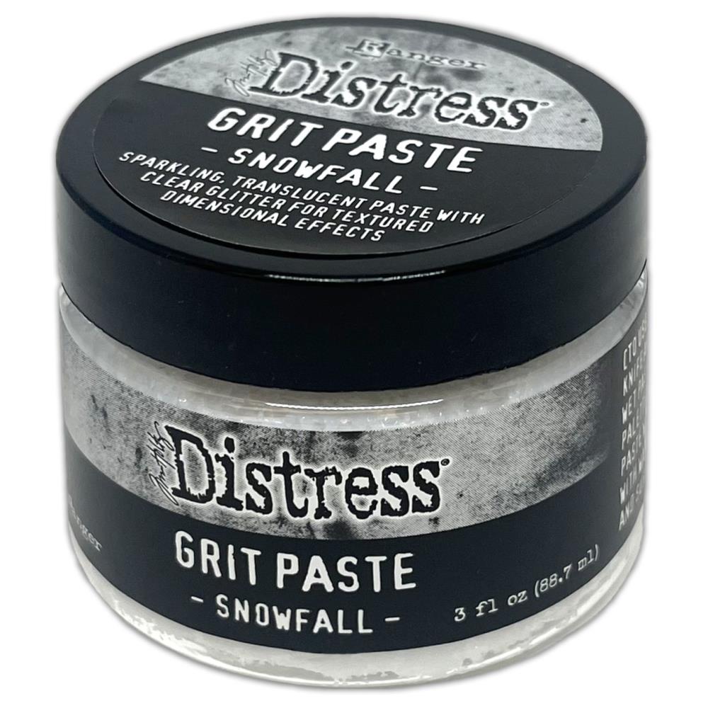 Tim Holtz - Distress Grit Paste - 3oz - Snowfall.  Add a touch of texture to Winter Holiday creations. Snowfall Grit Paste is a dimensional translucent medium infused with a clear glitter that dries to a textured sparkle finish. Available at Embellish Away located in Bowmanville Ontario Canada.