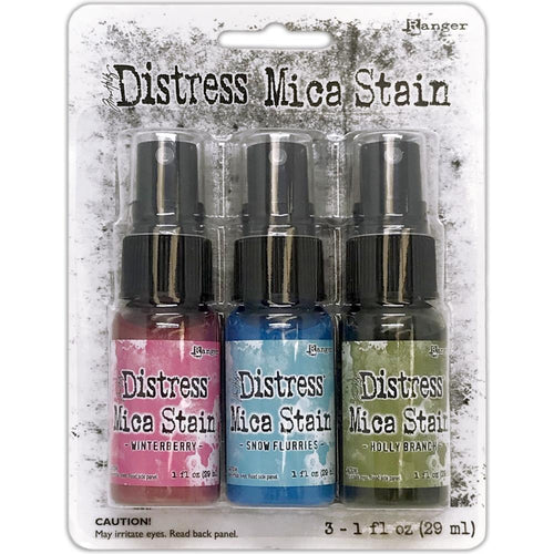 Tim Holtz - Distress Mica Stain Set - Holiday Set# 2. This set includes 3 Holiday colours: Winterberry, Snow Flurries and Holiday Branch. Limited supplies release. Available at Embellish Away located in Bowmanville Ontario Canada.