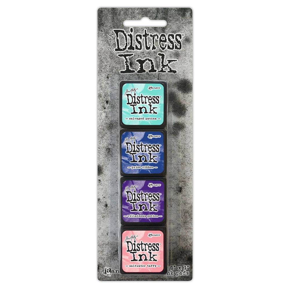 Tim Holtz - Distress Mini Ink Pads - 4/Pkg - Kit 17. Features the same unique, water- based dye ink formula used in the full-size pads, but in a convenient stackable pad. The raised felt makes it easy to use on smaller craft projects and can be re-inked with coordinating Distress Ink Reinkers. This package contains four 1x1 inch ink pads in four different colors. Each sold separately. Acid free. Non-toxic. Made in USA. Available at Embellish Away located in Bowmanville Ontario Canada.