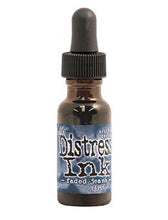 Load image into Gallery viewer, Tim Holtz - Distress  Reinker. Create an aged look on papers, fibers, photos and more! This package contains one 0.5oz bottle of distress ink. Acid free. Conforms to ASTM D4236. Comes in a variety of colors. Each sold separately. Available at Embellish Away located in Bowmanville Ontario. Faded Jeans
