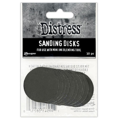 Tim Holtz - Distress Sanding Disks - 10/Pkg. Tim Holtz Distress Sanding Disks are for sanding and distressing your craft projects. The medium-grit sandpaper provides the ideal friction to work on cardstock, chipboard, wood, and more. Available at Embellish Away located in Bowmanville Ontario Canada.