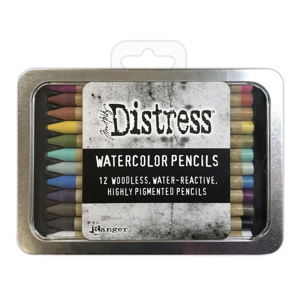 Tim Holtz - Distress Watercolor Pencils 12/Pkg Set 1. These are woodless watercolor pencils formulated to achieve vibrant coloring effects on porous surfaces. Water-reactive pigments are ideal for water coloring, shading, sketching, etc. Available at Embellish Away located in Bowmanville Ontario Canada.