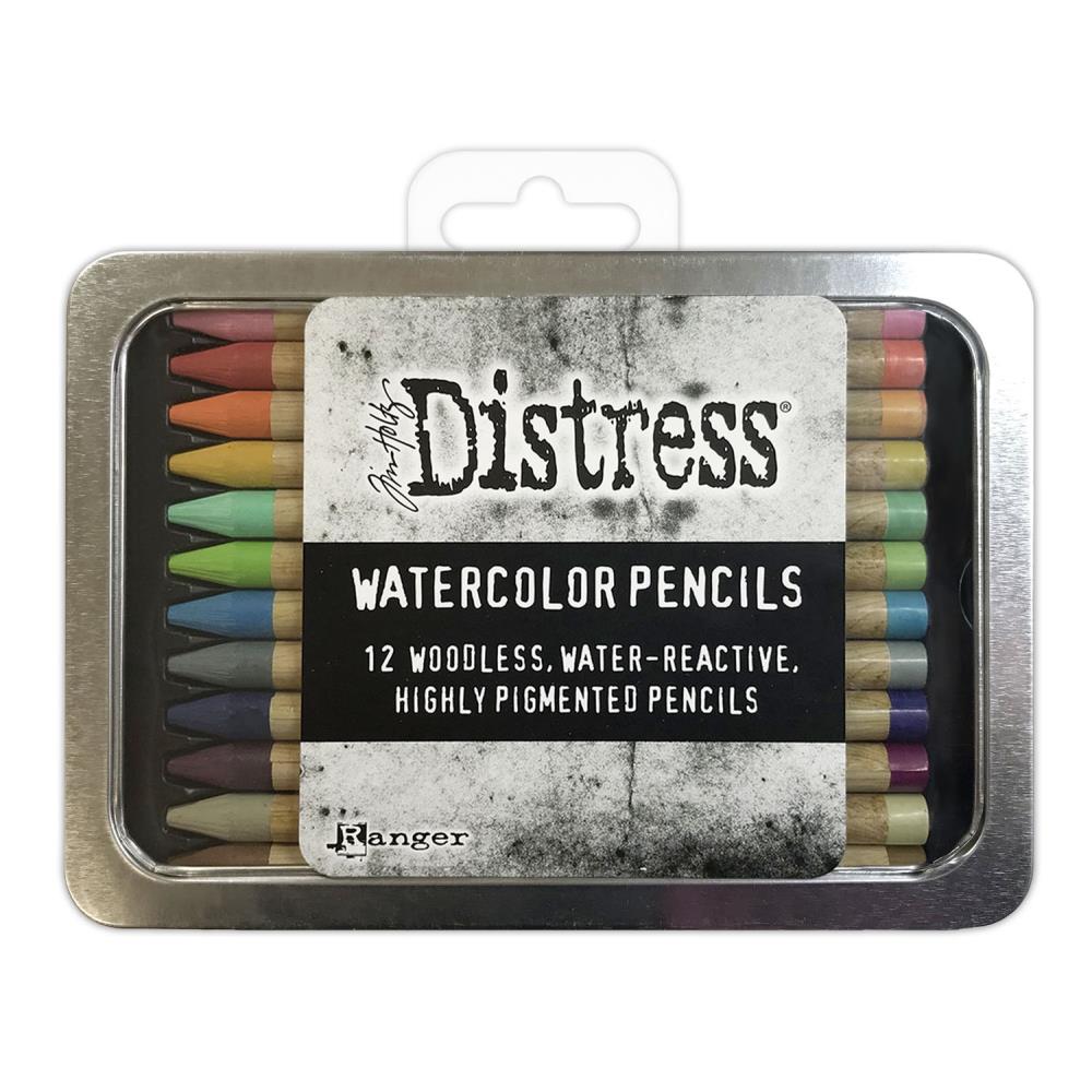 Tim Holtz - Distress Watercolor Pencils 12/Pkg Set 2. These are woodless watercolor pencils formulated to achieve vibrant coloring effects on porous surfaces. Water-reactive pigments are ideal for water coloring, shading, sketching, etc. Available at Embellish Away located in Bowmanville Ontario Canada.