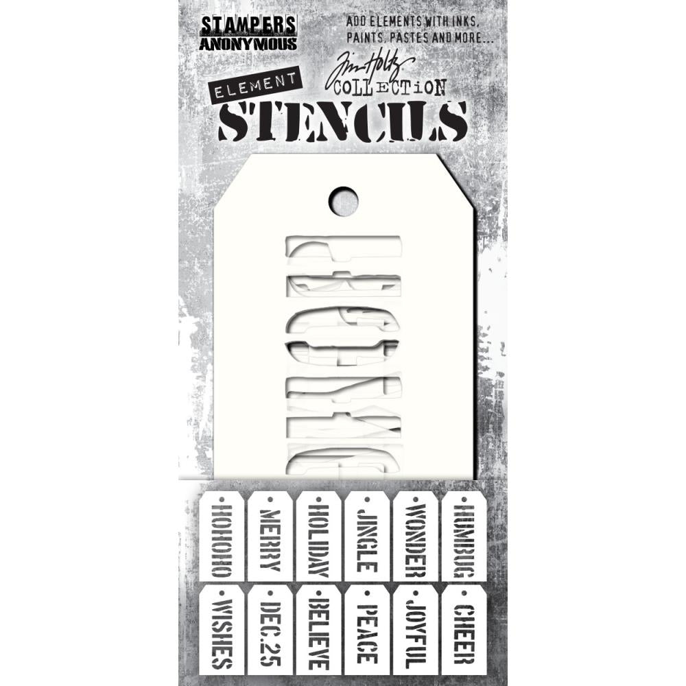 Tim Holtz - Element Stencils - 12/Pkg - Christmas. Add dimension to a project by using color variations or different colors in the open spaces of the stencils. Use the stencils with a variety of mediums to add texture. Available at Embellish Away located in Bowmanville Ontario Canada.