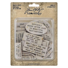 Load image into Gallery viewer, Tim Holtz - Idea-Ology - Chipboard Quote Chips - 48/Pkg - Labels. Say something great! Tim Holtz Quote Chips Labels are wondrous, small chipboard pieces with short phrases. Available at Embellish Away located in Bowmanville Ontario Canada.

