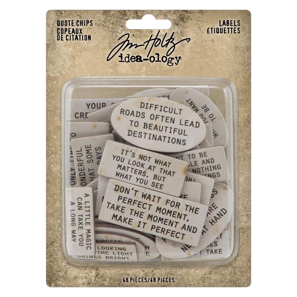 Tim Holtz - Idea-Ology - Chipboard Quote Chips - 48/Pkg - Labels. Say something great! Tim Holtz Quote Chips Labels are wondrous, small chipboard pieces with short phrases. Available at Embellish Away located in Bowmanville Ontario Canada.