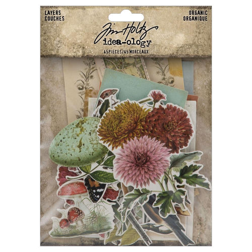 Tim Holtz - Idea-Ology - Layers Die-Cuts - 45/Pkg - Organic. These unique sheets feature decorative vintage art and designs of nature and documents that will add a touch of nostalgia to any project. Available at Embellish Away located in Bowmanville Ontario Canada.