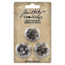 Load image into Gallery viewer, Tim Holtz - Idea-Ology - Metal Large Fasteners - Antique Silver, Copper &amp; Brass. These fasteners are perfect for mixed media creations, embellishing vintage photography, and adding a unique touch to cards and other crafts. Available at Embellish Away located in Bowmanville Ontario Canada.
