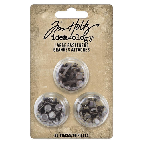 Tim Holtz - Idea-Ology - Metal Large Fasteners - Antique Silver, Copper & Brass. These fasteners are perfect for mixed media creations, embellishing vintage photography, and adding a unique touch to cards and other crafts. Available at Embellish Away located in Bowmanville Ontario Canada.