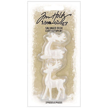 Load image into Gallery viewer, Tim Holtz - Idea-Ology - Salvaged Deer - 2/Pkg. Three-dimensional, miniature, and oh so cute. These Tim Holtz Salvaged Deer are resin figurines that can be altered with paints, inks or glitter and added to any decor piece, alter art project or handmade gift. Available at Embellish Away located in Bowmanville Ontario Canada.

