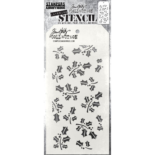 Tim Holtz - Layered Stencil - Hollyberry. Layering stencils are designed to add texture and imagery to your creativity. The simple tag shape makes it easy to organize and store the stencils in one place.  Available at Embellish Away located in Bowmanville Ontario Canada.