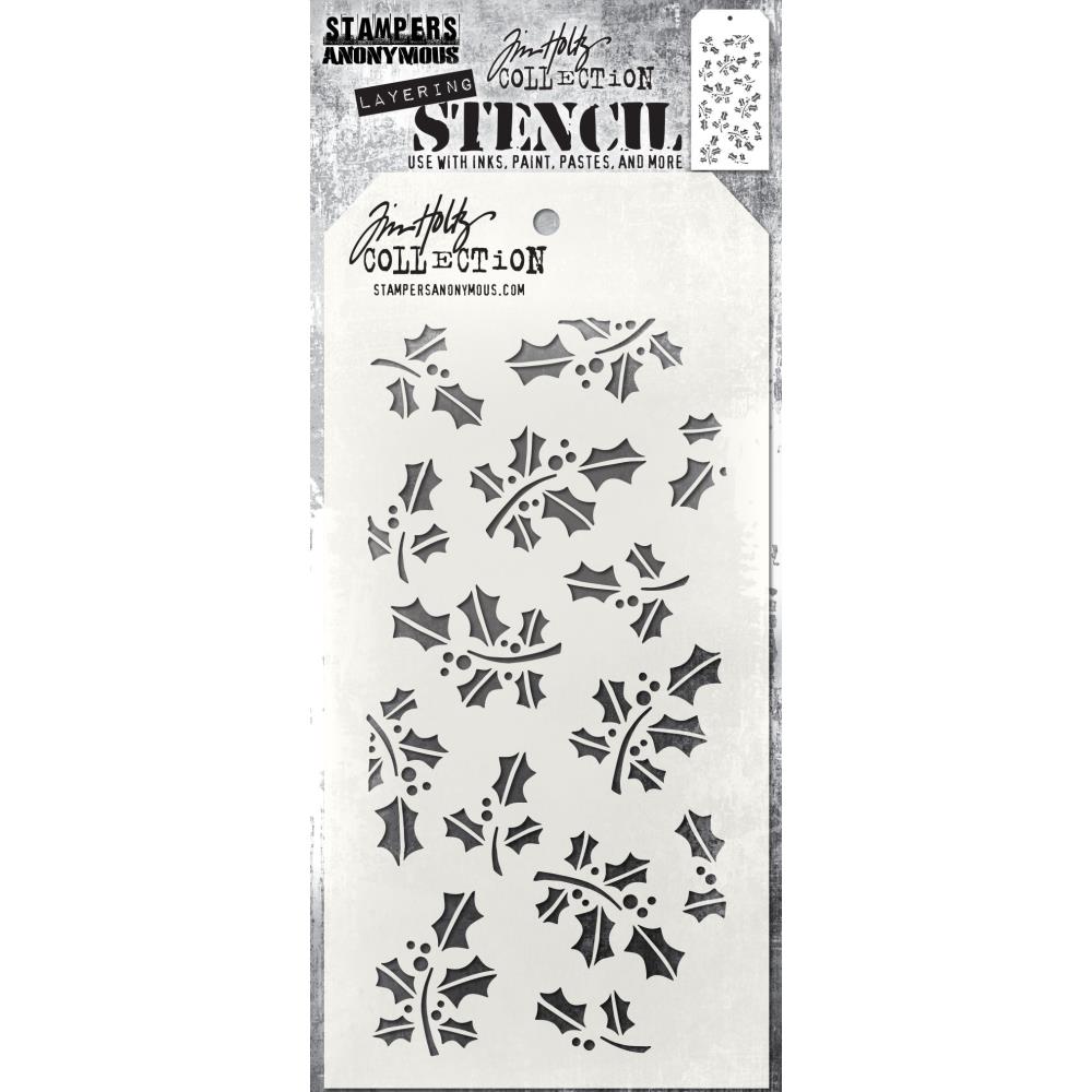 Tim Holtz - Layered Stencil - Hollyberry. Layering stencils are designed to add texture and imagery to your creativity. The simple tag shape makes it easy to organize and store the stencils in one place.  Available at Embellish Away located in Bowmanville Ontario Canada.