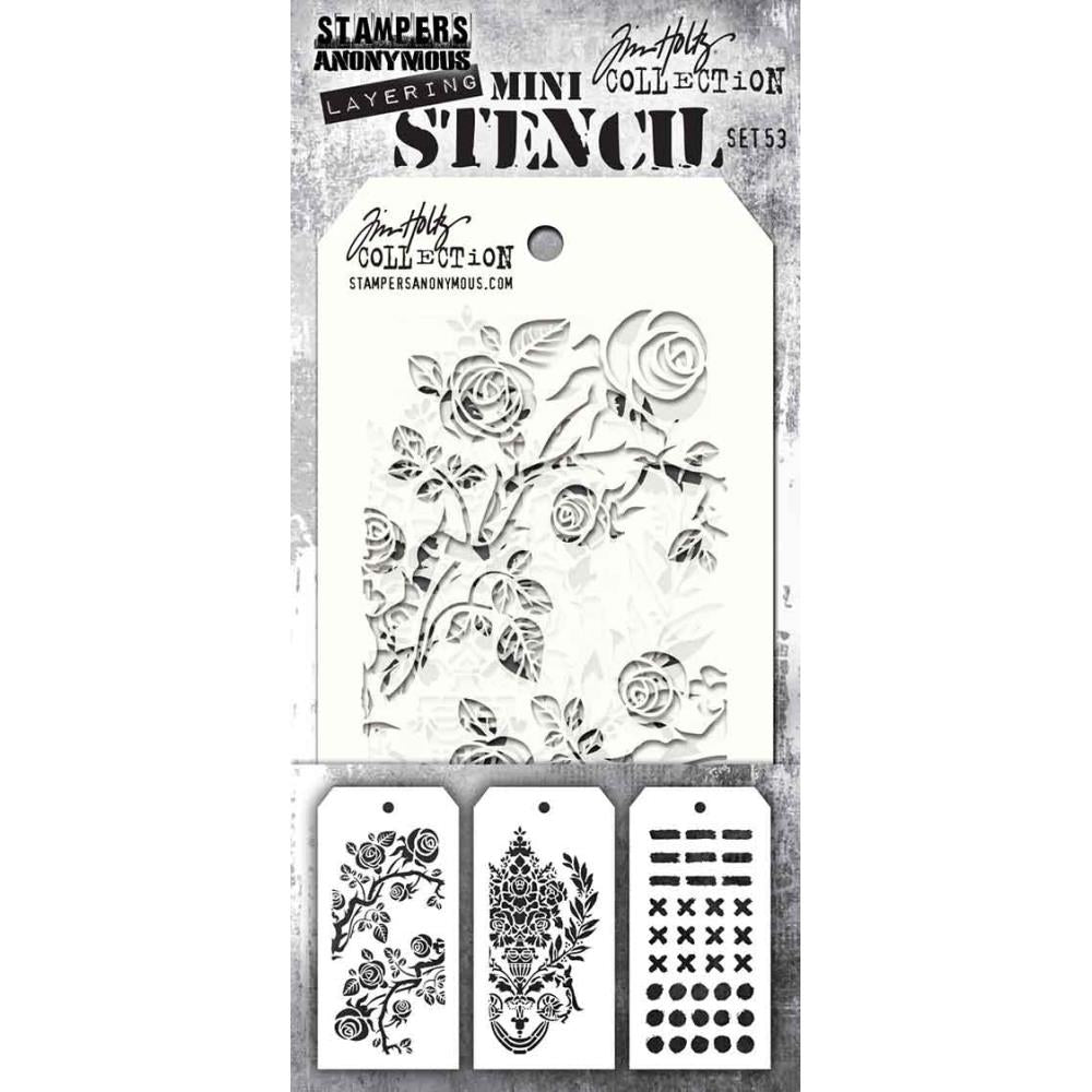 Tim Holtz - Mini Layered Stencil Set - 3/Pkg - Set #53. Add dimension to a project by using color variations or different colors in the open spaces of the stencils.  Available at Embellish Away located in Bowmanville Ontario Canada.
