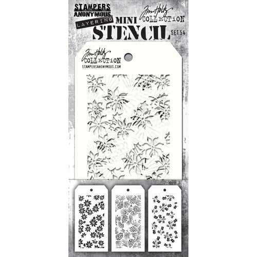 Tim Holtz - Mini Layered Stencil Set 3/Pkg - Set #54. Use the stencils with a variety of mediums to add texture. Perfect for art journals, card making, mixed media and additional projects. Available at Embellish Away located in Bowmanville Ontario Canada.