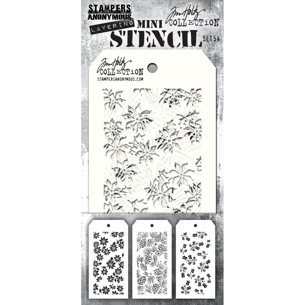Tim Holtz - Mini Layered Stencil Set 3/Pkg - Set #54. Use the stencils with a variety of mediums to add texture. Perfect for art journals, card making, mixed media and additional projects. Available at Embellish Away located in Bowmanville Ontario Canada.