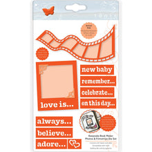 Load image into Gallery viewer, Tonic Studios - Dies - Keepsake Book Maker - Photos &amp; Filmstrips. Make retro photo frames and decorate with a sentiment. Use the film strip and photo dies to create unique memories of a special occasion. Compatible with most die cutting systems. This package contains Keepsake Book Maker-Photos &amp; Filmstrips: a set of 20 metal dies measuring between .75x.75 inches and 2.25x5 inches. Imported.  Available in Bowmanville Ontario Canada
