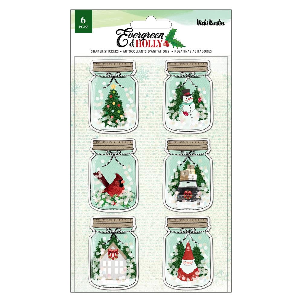 Vicki Boutin -  Shaker Stickers - 6/Pkg - Evergreen & Holly. Stickers add the perfect finishing touch to your paper projects. A fun embellishment, a whimsical accent or add elegant polish to scrapbook pages, greeting cards, mixed media and more. Available at Embellish Away located in Bowmanville Ontario Canada.