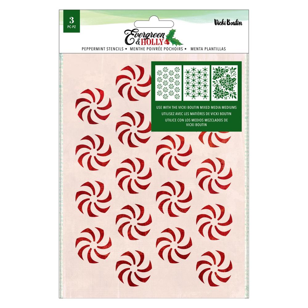 Vicki Boutin - Stencils - 3/Pkg - Evergreen & Holly - Peppermint. Stencils are perfect for using for mixed media, card making, scrapbooking, textile art and so much more. They can be used together or on their own. Available at Embellish Away located in Bowmanville Ontario Canada.