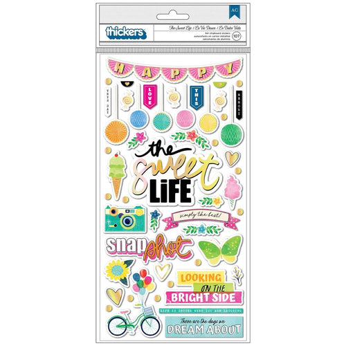 American Crafts - Vicki Boutin - Sweet Rush - Thickers Stickers - 107/Pkg - The Sweet Life Phrase & Icon/Chipboard. Available at Embellish Away located in Bowmanville Ontario Canada.
