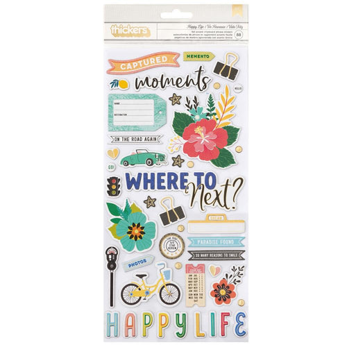Vicki Boutin - Thickers Stickers - 88/Pkg - Where To Next - Happy Life Phrase/Chipboard. Available at Embellish Away located in Bowmanville Ontario Canada.