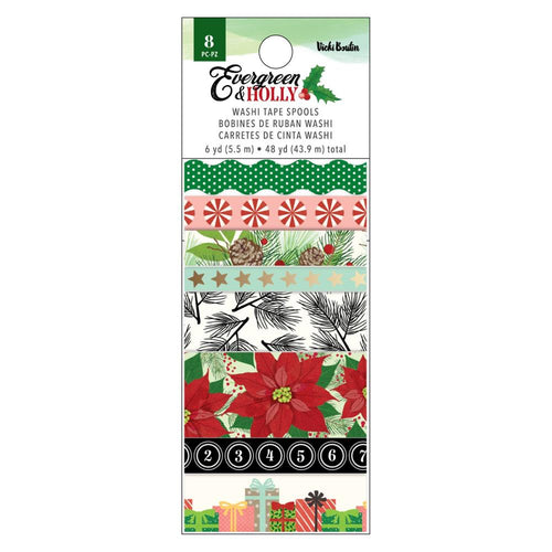 Vicki Boutin - Washi Tape - 8/Pkg - W/Gold Foil Accents - Evergreen & Holly. Washi tape is a quick and easy way to spruce up a handmade card, gift tag, scrapbook page, planner, and more. Available at Embellish Away located in Bowmanville Ontario Canada.