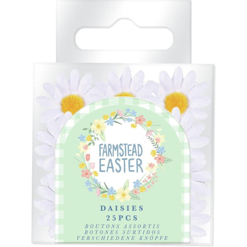 Violet Studio - Farmstead Easter - Paper Mini Daisies - 25/Pkg.  Coordinating: 6x6 Pack, Ribbon Bows, Paper Mini Daisies, Card Toppers, Sentiment Stickers, Card Making Kit. Available at Embellish Away located in Bowmanville Ontario Canada.