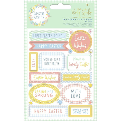 Violet Studio - Farmstead Easter - Sentiment Stickers - 2/Sheets.  Coordinating: 6x6 Pack, Ribbon Bows, Paper Mini Daisies, Card Toppers, Sentiment Stickers, Card Making Kit. Available at Embellish Away located in Bowmanville Ontario Canada.