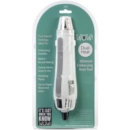 WOW! - Dual Speed Heat Tool - 110 Volts. The WOW! Dual Speed Heat Tool is the ultimate embossing heat tool. It has two speed setting for more control and focused heat. Ideal for embossing powders. Can also be used to dry paints, glues and inks. Use on paper, wood and fabric. This 6.25x12.25x2.5 inch package contains one dual speed heat tool. Imported. Available at Embellish Away located in Bowmanville Ontario Canada.