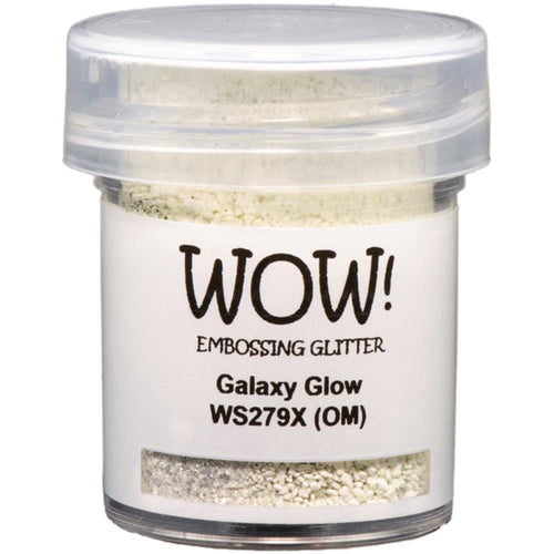 WOW! - Embossing Powder - 15ml - Galaxy Glow. The perfect way to add sparkle along with a raised image. Not just that this embossing powder also GLOWS. Just sprinkle over wet in, heat and see the magic of this embossing powder. Available at Embellish Away located in Bowmanville Ontario Canada.