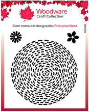 Load image into Gallery viewer, Woodware - 4&quot;x4&quot; Clear Singles Stamp - Stitched Circle. This running stitch circle could be coloured with pens on the stamp to give a rainbow of colours or stamped and embossed a fun stamp set with the stitched flowers, why not stamp it and add extra colour with stitching, or just use it as a background for mixed media projects. Designed by Francoise Read. Available at Embellish Away located in Bowmanville Ontario Canada.

