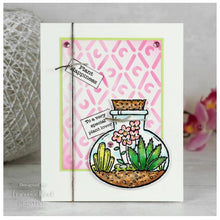 Load image into Gallery viewer, Woodware - 4&quot;x4&quot; Clear Singles Stamp - Terrarium. On trend stamp with a display of succulents displayed in a fun terrarium. Add a personal touch with your favourite colouring medium and the fun words. Designed by Francoise Read. These stamps would be perfect for cards and scrapbook pages as well as mixed media or fun décor projects. Available at Embellish Away located in Bowmanville Ontario Canada. card design by Francoise Read.
