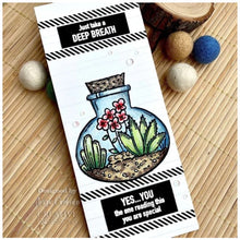 Load image into Gallery viewer, Woodware - 4&quot;x4&quot; Clear Singles Stamp - Terrarium. On trend stamp with a display of succulents displayed in a fun terrarium. Add a personal touch with your favourite colouring medium and the fun words. Designed by Francoise Read. These stamps would be perfect for cards and scrapbook pages as well as mixed media or fun décor projects. Available at Embellish Away located in Bowmanville Ontario Canada. card design by Angie Cimbalo
