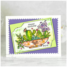 Load image into Gallery viewer, Woodware - 4&quot;x6&quot; Clear Singles Stamp - Plant Display. On trend stamp with a display of succulents with a love theme. Add a personal touch with your favourite colouring medium and the fun words. Designed by Francoise Read. These stamps would be perfect for cards and scrapbook pages as well as mixed media or fun décor projects. Available at Embellish Away located in Bowmanville Ontario Canada. Card design by Francoise Read.
