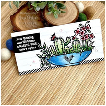 Load image into Gallery viewer, Woodware - 4&quot;x6&quot; Clear Singles Stamp - Plant Display. On trend stamp with a display of succulents with a love theme. Add a personal touch with your favourite colouring medium and the fun words. Designed by Francoise Read. These stamps would be perfect for cards and scrapbook pages as well as mixed media or fun décor projects. Available at Embellish Away located in Bowmanville Ontario Canada. card by designer Angie Cimbalo
