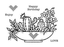 Load image into Gallery viewer, Woodware - 4&quot;x6&quot; Clear Singles Stamp - Plant Display. On trend stamp with a display of succulents with a love theme. Add a personal touch with your favourite colouring medium and the fun words. Designed by Francoise Read. These stamps would be perfect for cards and scrapbook pages as well as mixed media or fun décor projects. Available at Embellish Away located in Bowmanville Ontario Canada.
