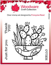 Charger l&#39;image dans la galerie, Woodware - 4&quot;x4&quot; Clear Singles Stamp - Succulent Display. On trend stamp with a pot filled with succulents the pot is calling out to be coloured in hot desert colours. Add a personal touch with your favourite colouring medium and the fun words. Designed by Francoise Read. These stamps would be perfect for cards and scrapbook pages as well as mixed media or fun décor projects. Available at Embellish Away located in Bowmanville Ontario Canada.
