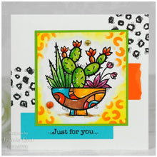 Load image into Gallery viewer, Woodware - 4&quot;x4&quot; Clear Singles Stamp - Succulent Display. On trend stamp with a pot filled with succulents the pot is calling out to be coloured in hot desert colours. Add a personal touch with your favourite colouring medium and the fun words. Designed by Francoise Read. These stamps would be perfect for cards and scrapbook pages as well as mixed media or fun décor projects. Available at Embellish Away located in Bowmanville Ontario Canada. card design by Francoise Read
