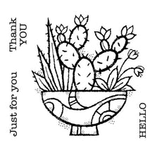 Load image into Gallery viewer, Woodware - 4&quot;x4&quot; Clear Singles Stamp - Succulent Display. On trend stamp with a pot filled with succulents the pot is calling out to be coloured in hot desert colours. Add a personal touch with your favourite colouring medium and the fun words. Designed by Francoise Read. These stamps would be perfect for cards and scrapbook pages as well as mixed media or fun décor projects. Available at Embellish Away located in Bowmanville Ontario Canada.
