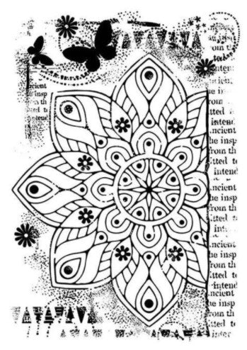 Woodware - Clear Singles Stamp - Ancient Mandala. A beautiful design that is so much fun to colour by hand. Size: 6.75x 5.5 inches. Available at Embellish Away located in Bowmanville Ontario Canada.